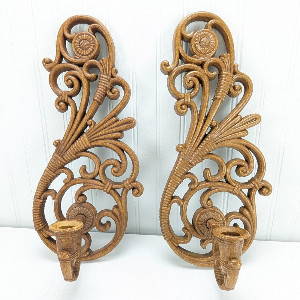 Vintage Faux Wood Wall Sconces Pair Ornate Candle Holders Home Decor 15.75" Tall